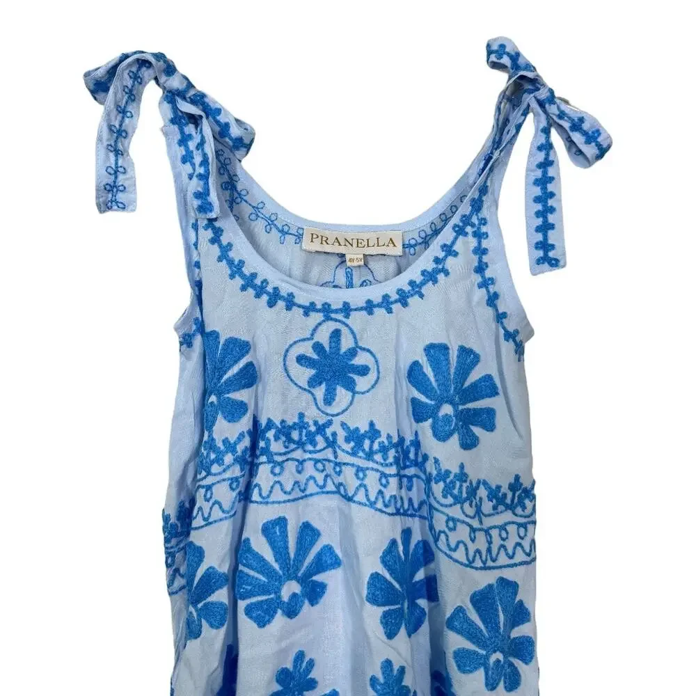 Pranella Remi Kids Slip Dress Sky Blue 4-5y Embroidered Boho Beach Ruffle Tie - Picture 2 of 6